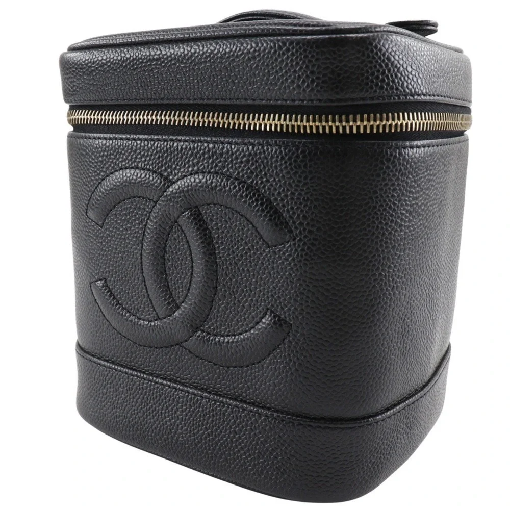 CHANEL Black Caviar Leather Logo Pouch